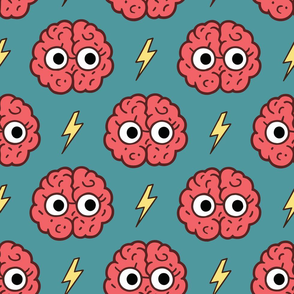 Cartoon Brains with Googly Eyes and Lightning Bolts Pattern on Teal vector