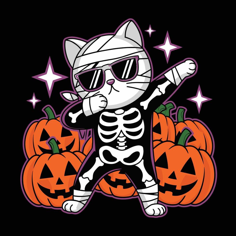 Halloween Cat Dabbing in Skeleton Costume with Sunglasses and Pumpkins vector
