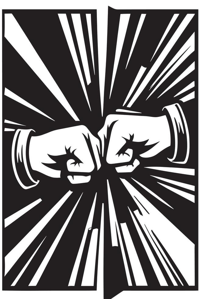 Fist Bump Illustration with Radial Lines in Black and White Graphic Style vector