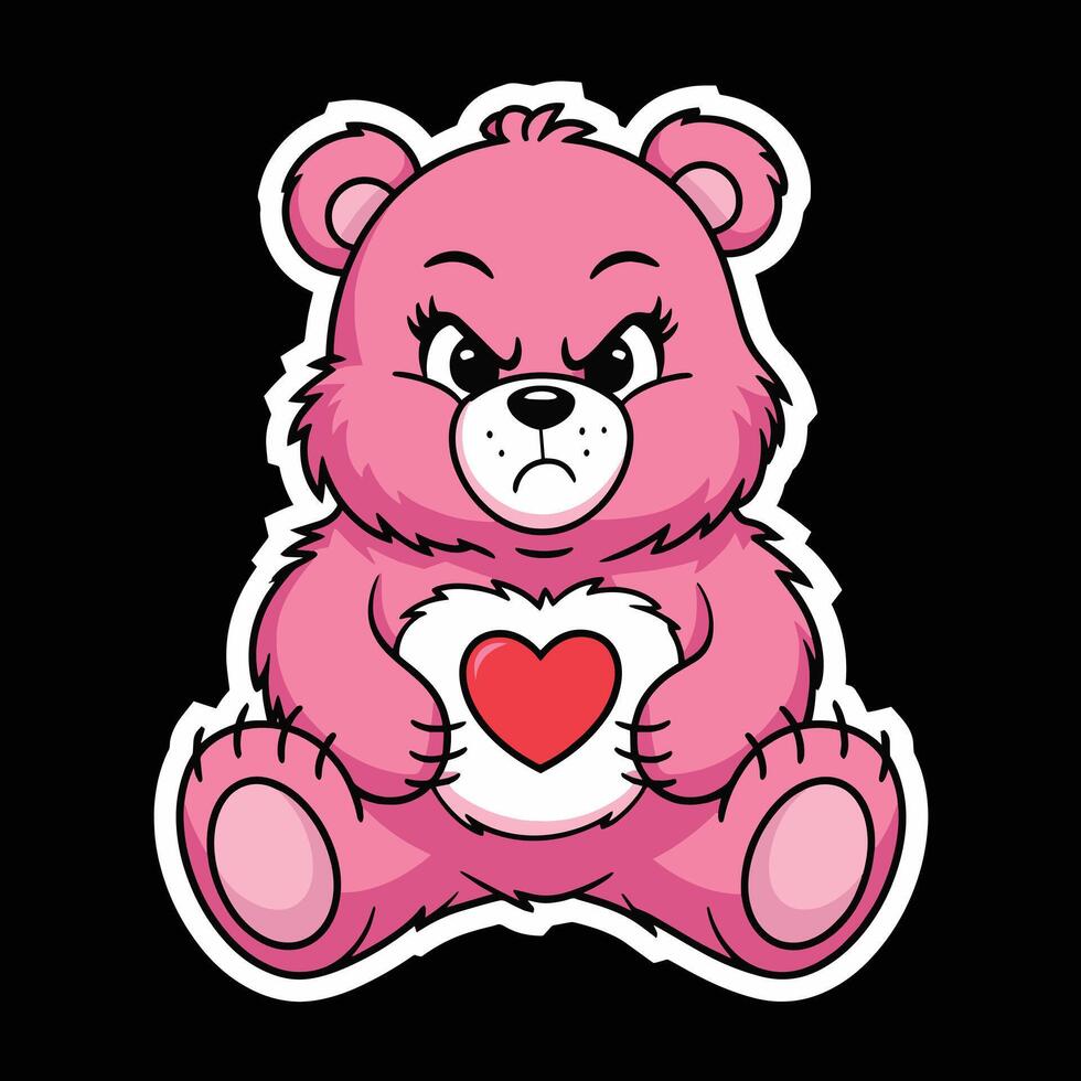 Grumpy Pink Bear Holding Heart, Expressing Displeasure with Angry Eyes. vector