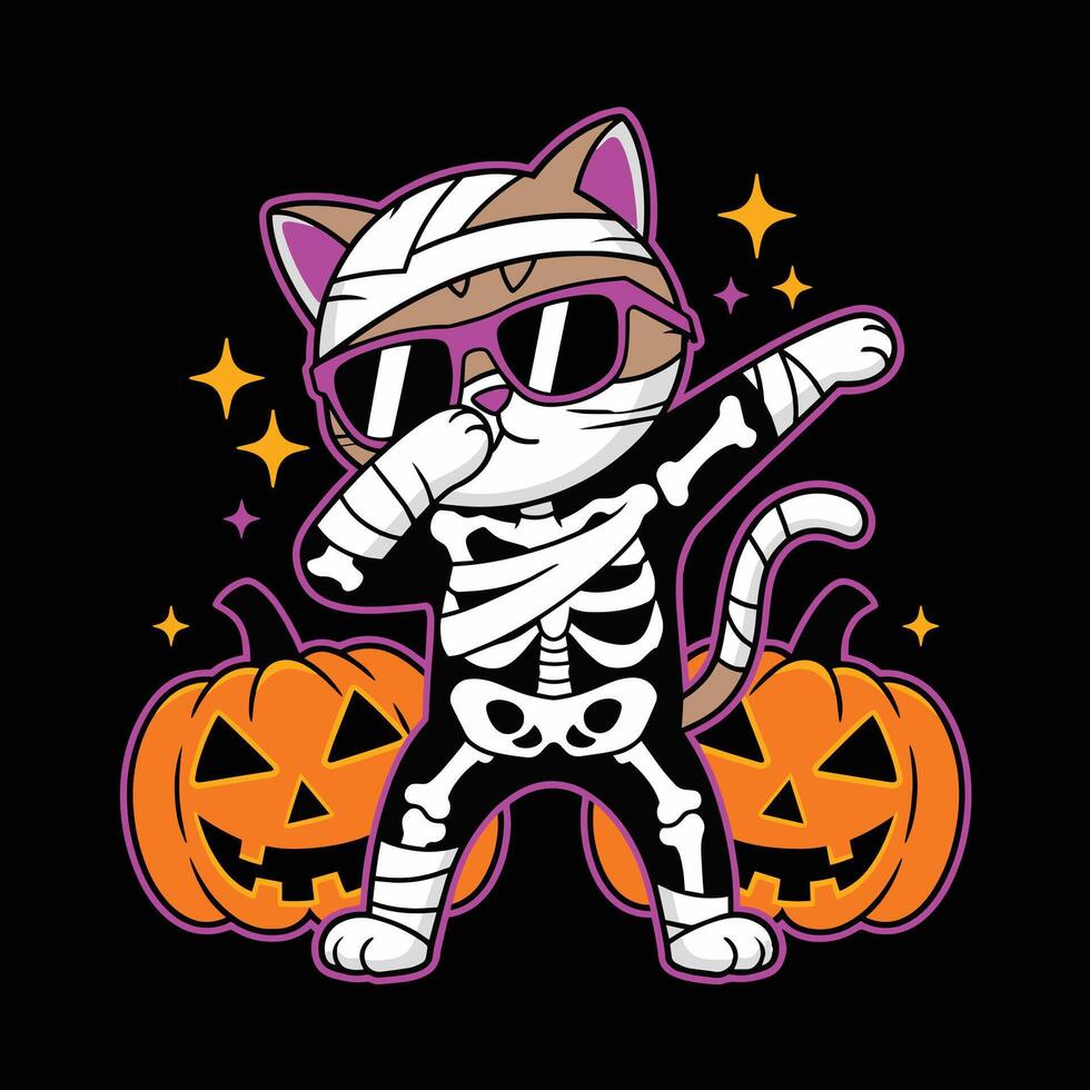Cute Cat in Halloween Costume Doing a Dab Pose with Pumpkins vector