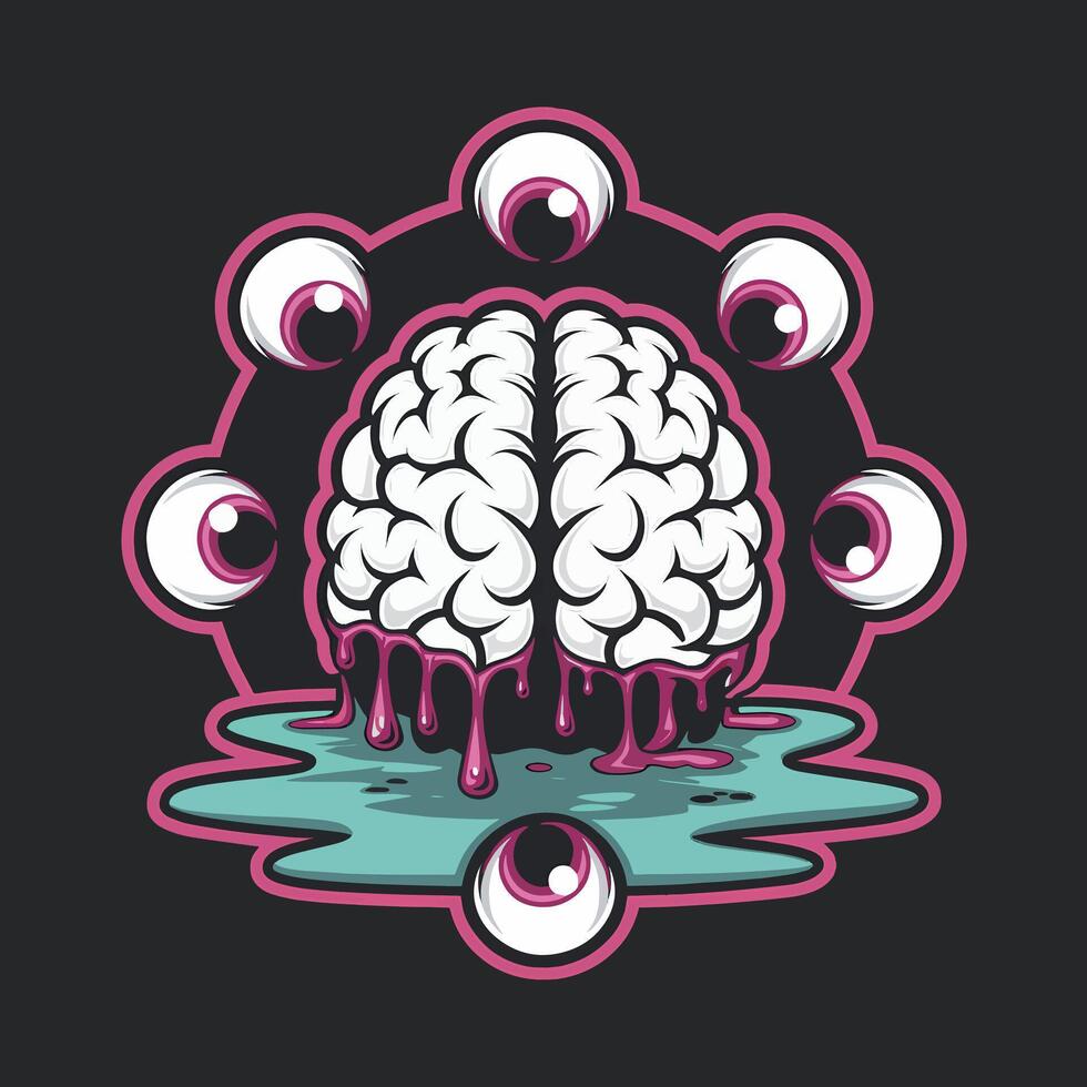 A Cartoonish Brain Dripping with Blood, Surrounded by Eyes vector