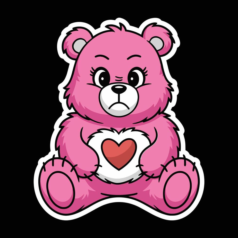 Cartoon Pink Bear with Heart Emblem and Sad Expression, Sitting Upright vector