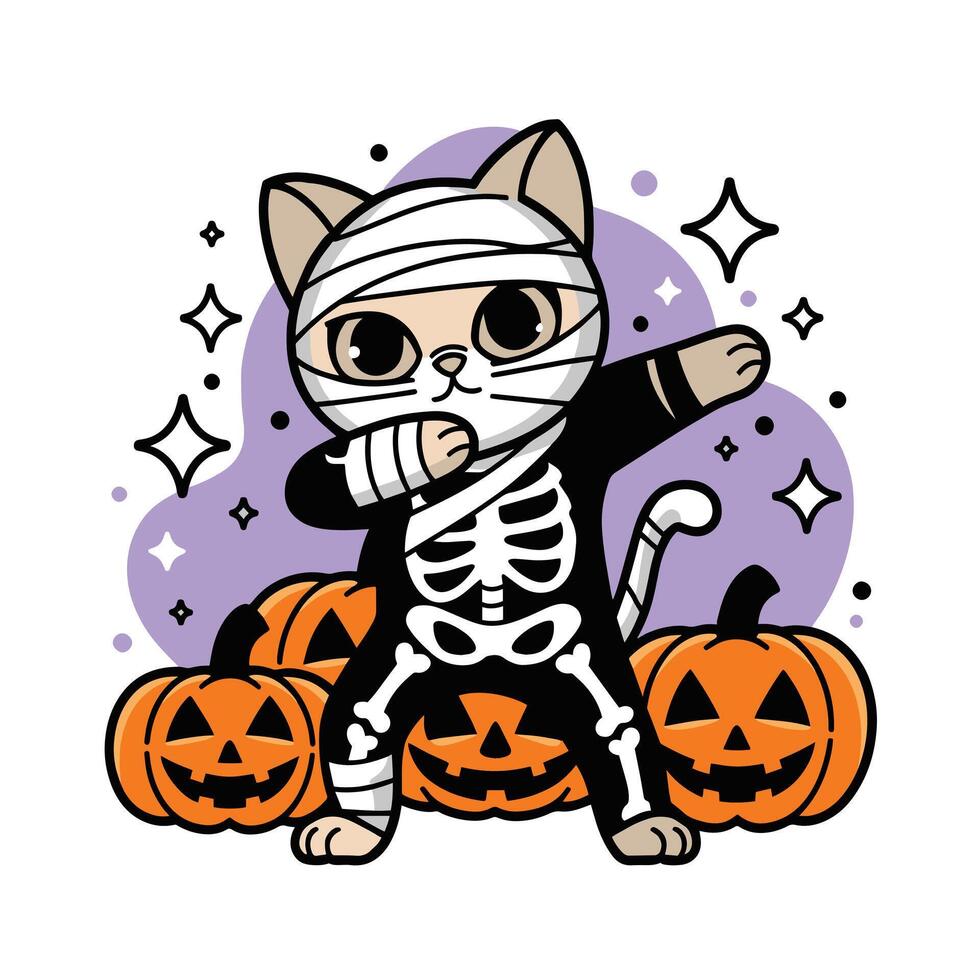 Halloween Cat in Mummy Costume Dabbing with Pumpkins and Sparkles vector