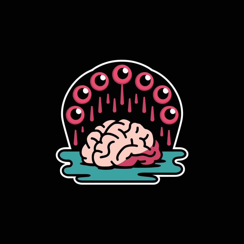 Cartoon Brain with Multiple Eyes and Dripping Blood, Unique Illustration vector