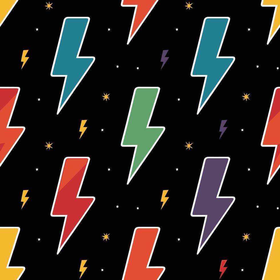 Retro Lightning Bolts Pattern with Stars and Small Lightning Accents vector