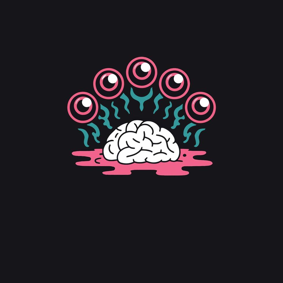 Cartoon Brain with Five Pink-Ringed Eyes and Turquoise Tendrils Above Pink Fluid vector