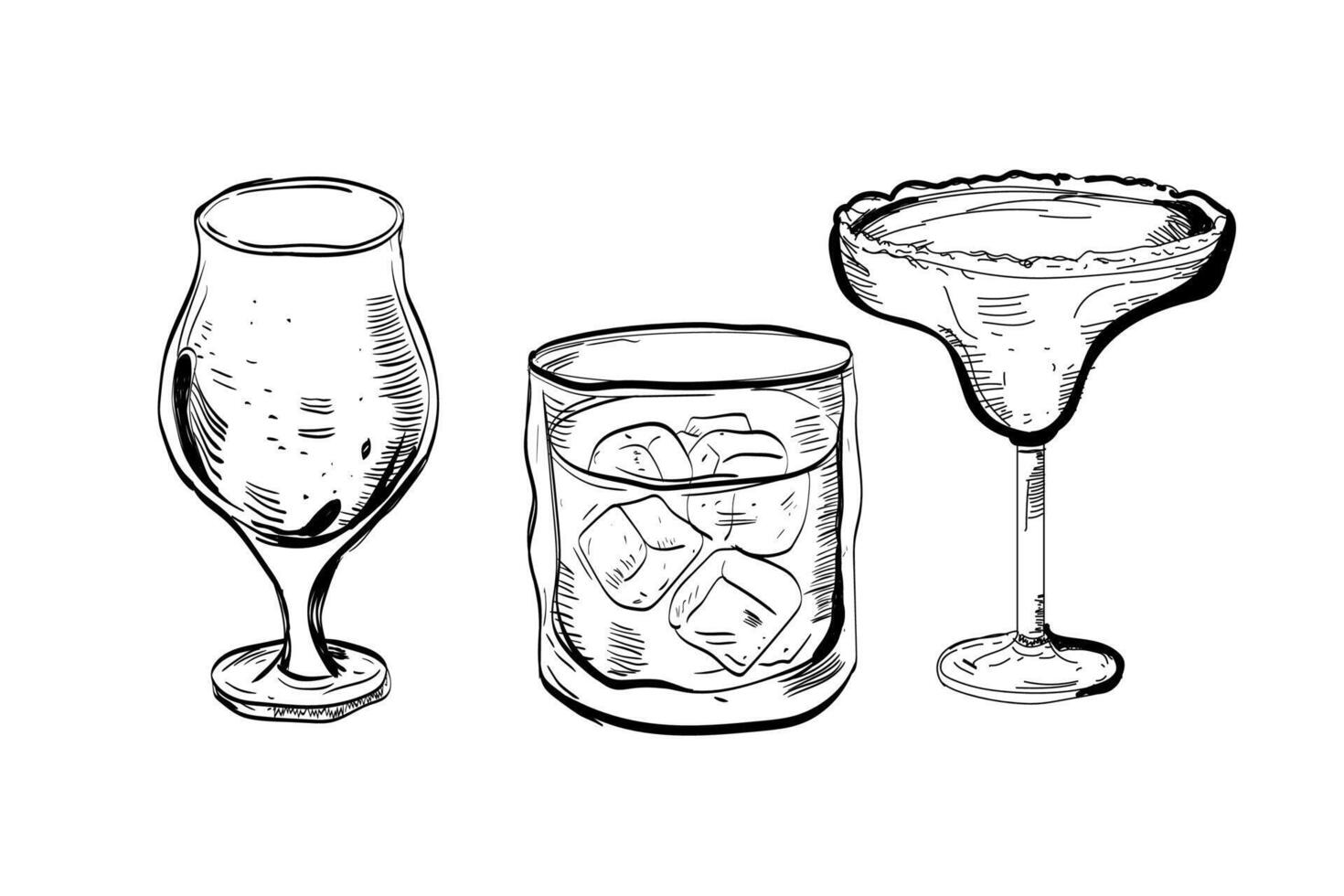 set Glass hand drawn set of cocktails and alcohol drinks. Sketch. vector