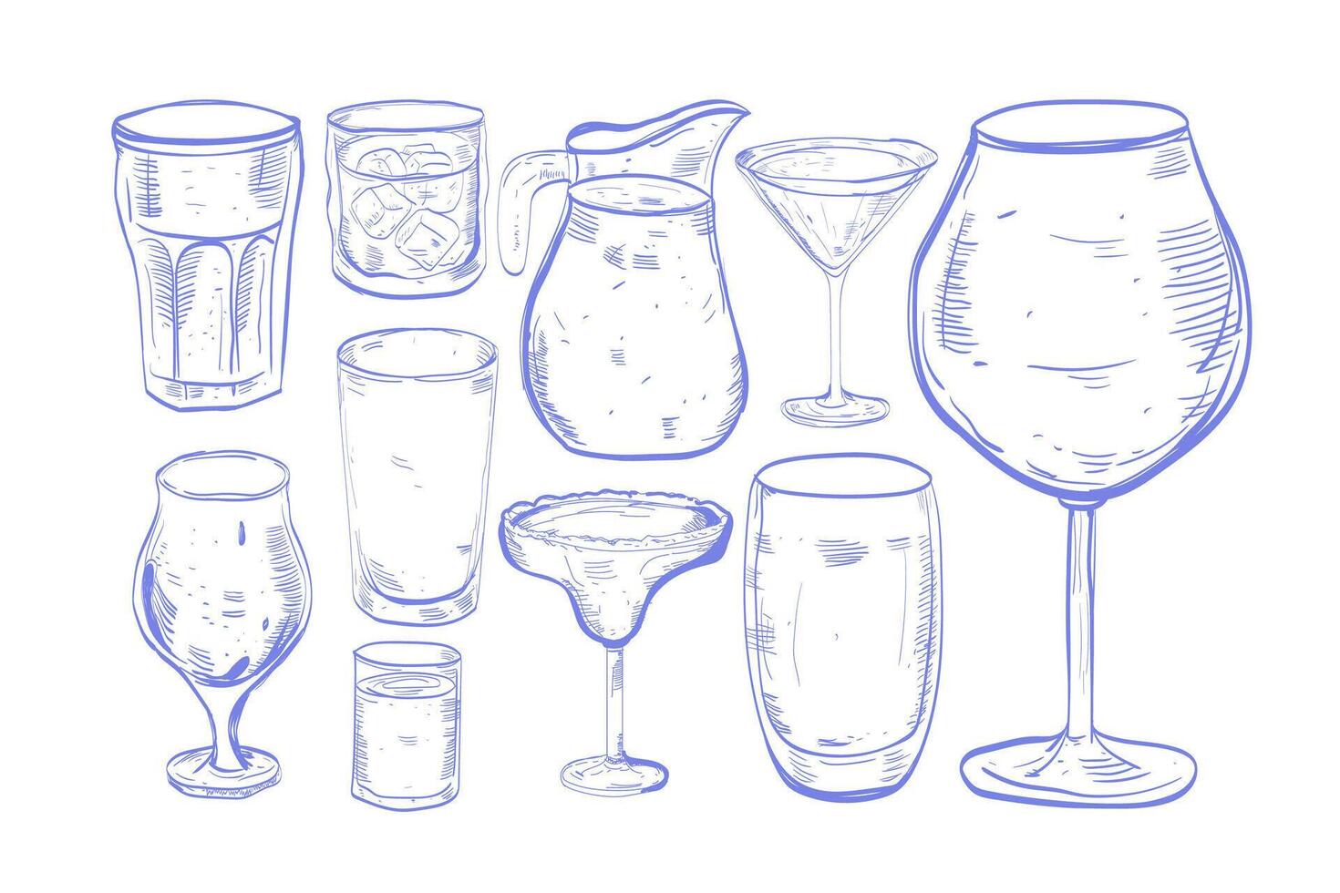 set Glass hand drawn set of cocktails and alcohol drinks. Sketch. vintage, line style vector