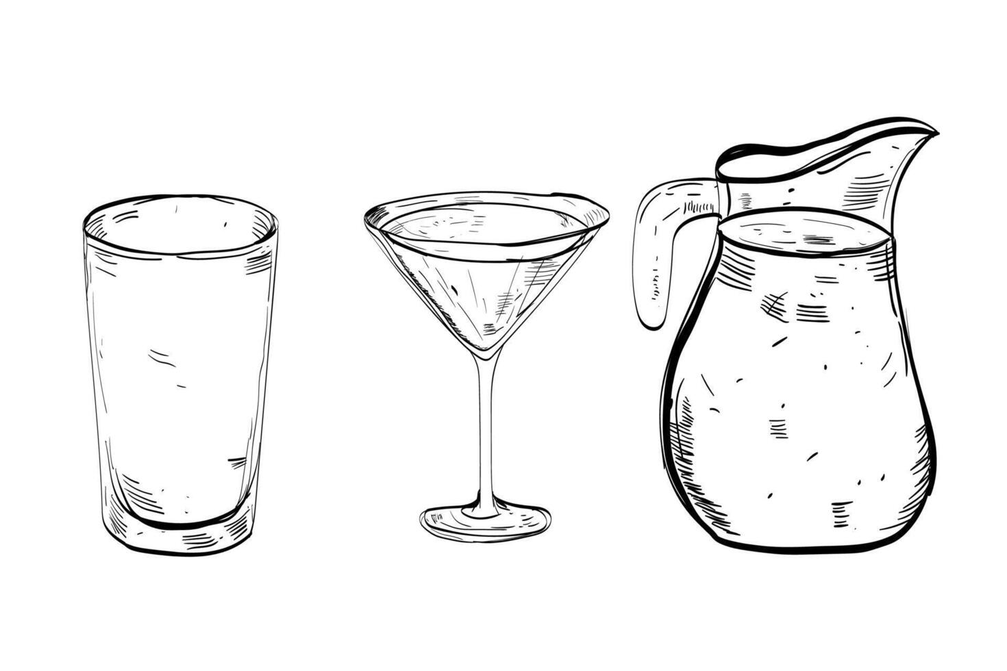 set Glass hand drawn set of cocktails Sketch. vector