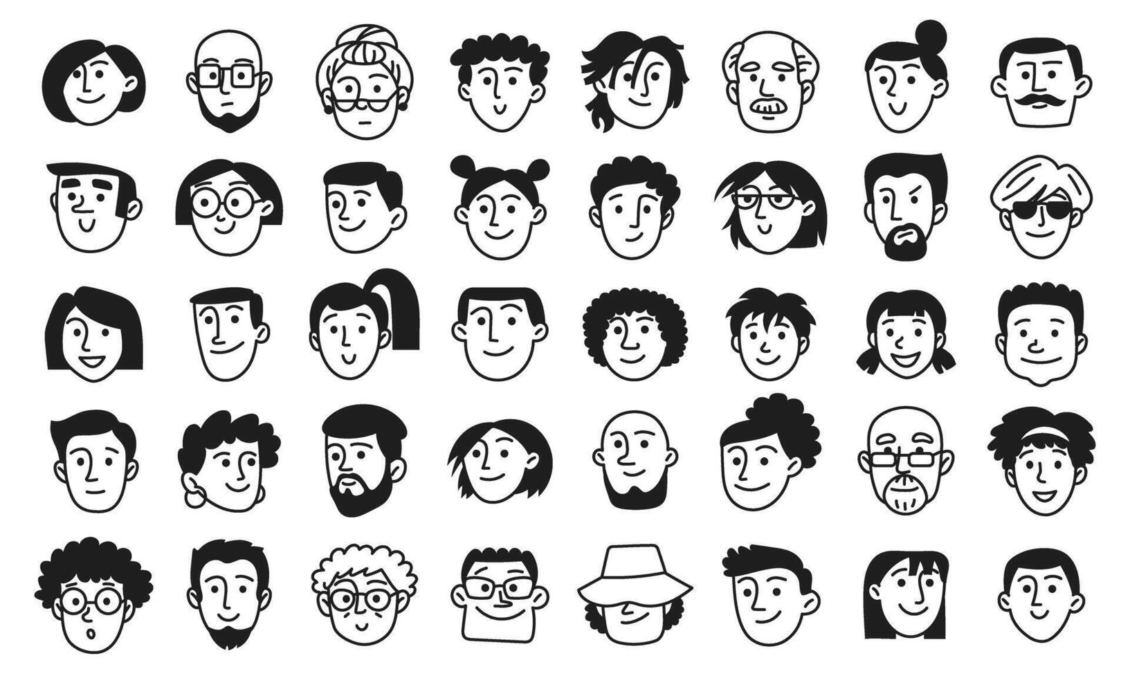 Big doodle set of human faces. Sketches of young, old, senior, woman, man, boy, girl, facial expressions, emotions. Diversity people isolated on white vector