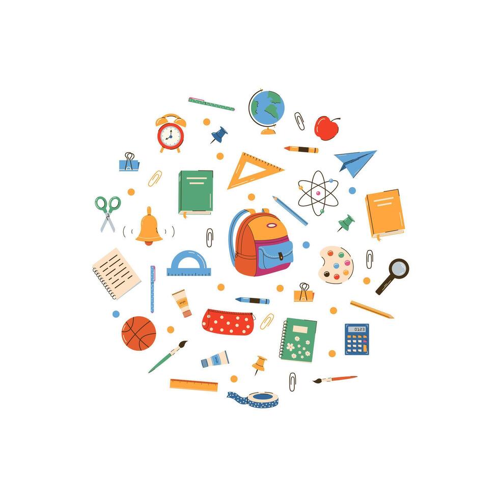 Big set of school supplies and education stickers. Back to school. Backpack, books, globe, pencil box, paints, ruler, pen, pencil. Suitable for prints, cards, paper crafts, scrapbooking. vector