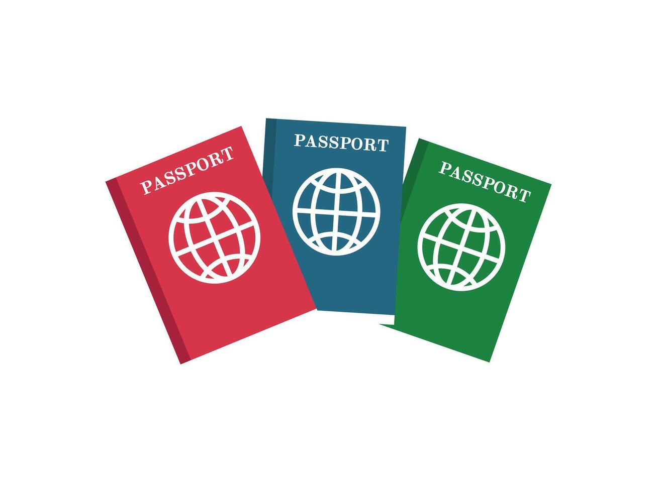 Passport With Map. Red Blue and Green Passports With Globe Realistic Illustration nternational Identification Document. Front Cover. Isolated vector