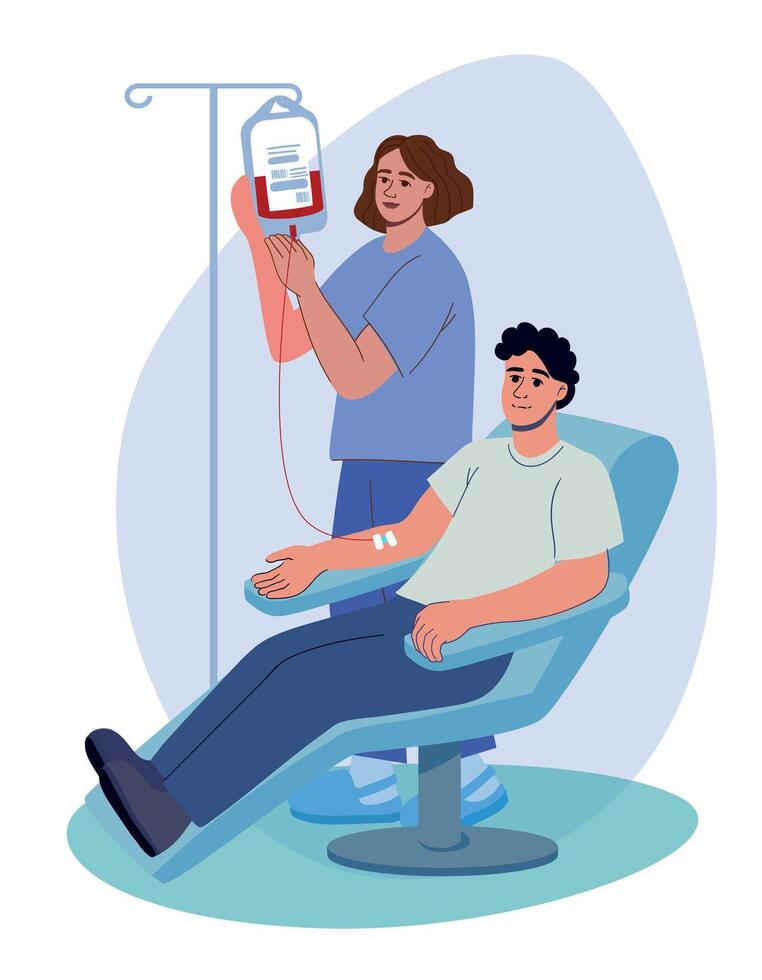 Young man donates blood for sick people, blood donation concept, charity vector