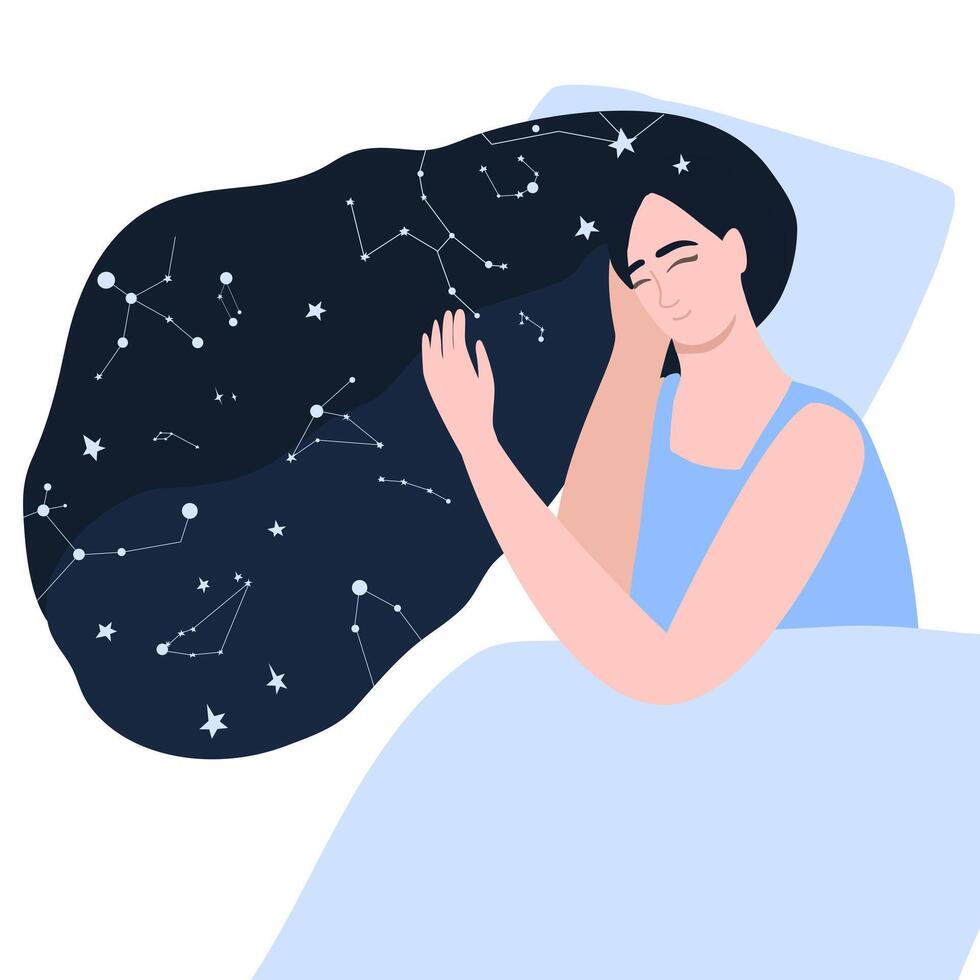 A girl is sleeping, her hair decorated with stars resembling the Milky Way. Concept of sleep and sweet dreams. vector