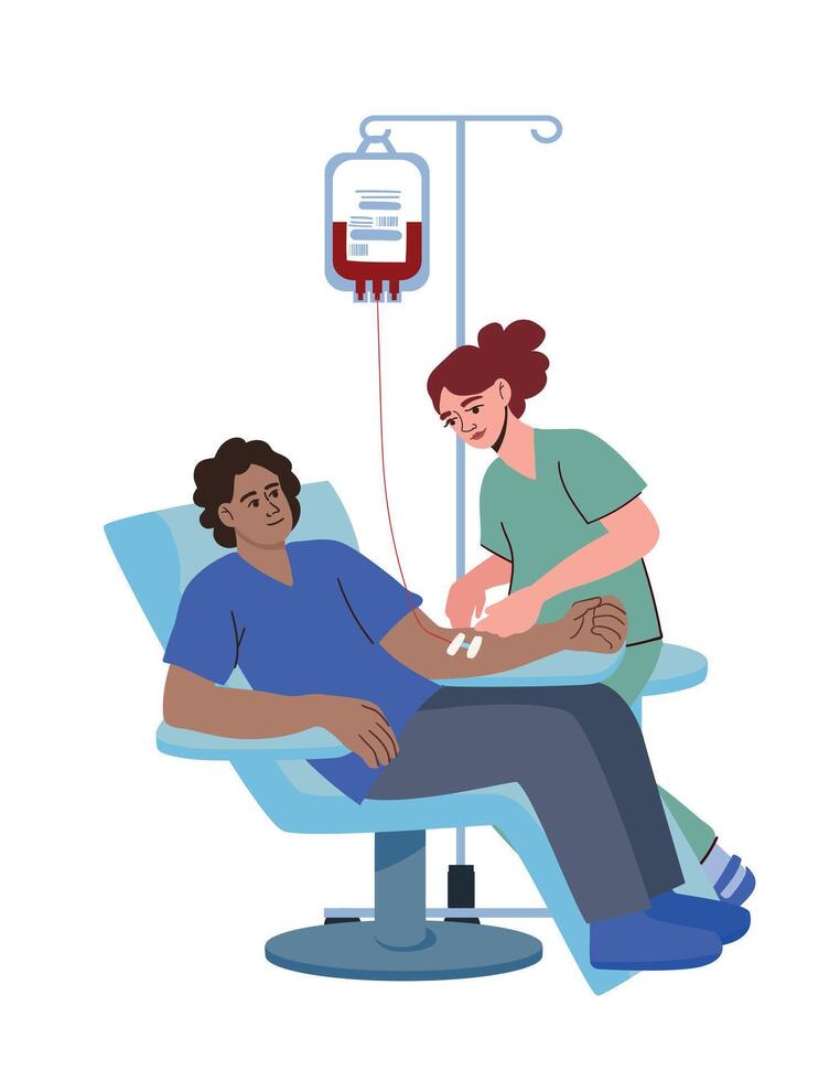 a man donates blood, and a nurse puts a catheter on him. concept of donation, blood transfusion vector