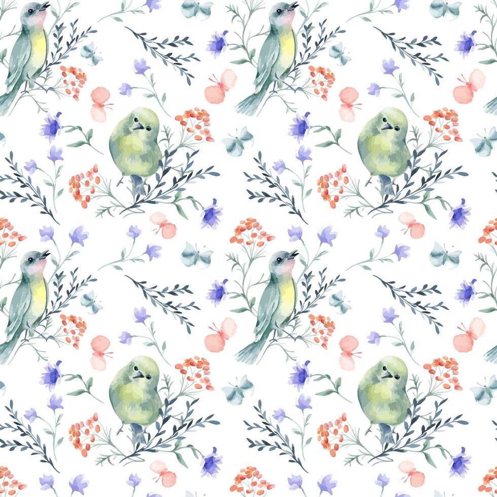 Watercolor birds and flowers pattern vector