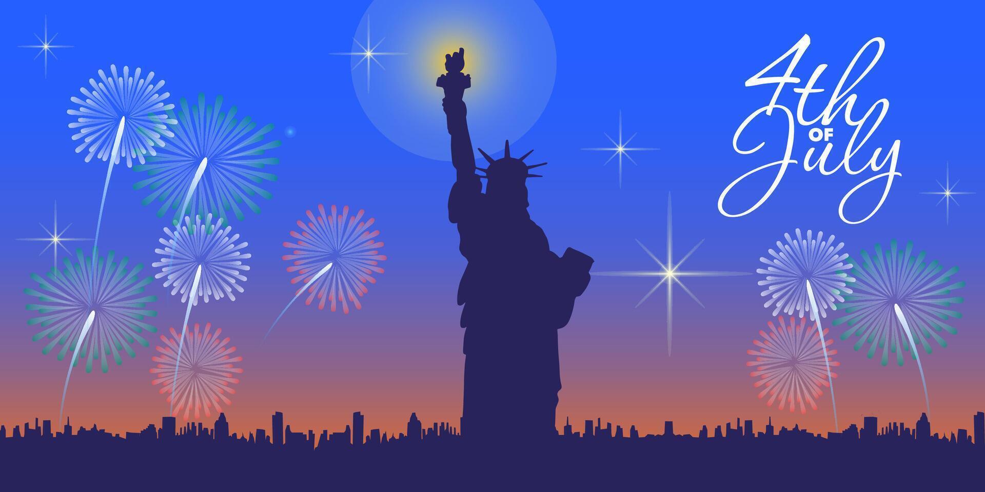 4th of July, America independence day, Flat design with Statue of Liberty silhouette, fireworks and skyline. for web banners, event promos, festive, patriotic mood. vector