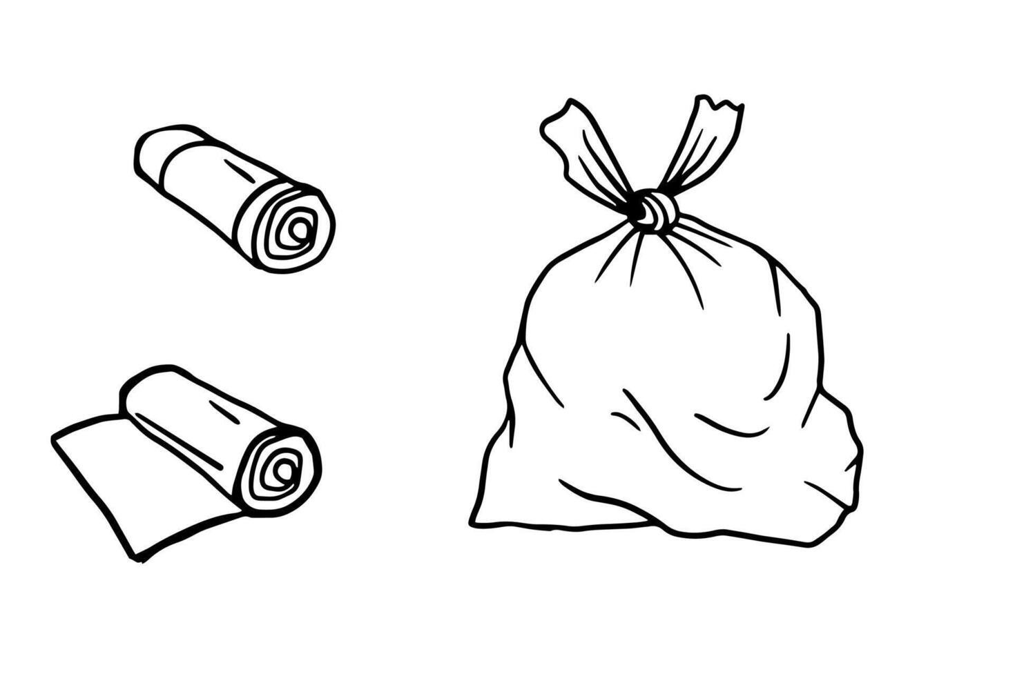 Line art illustration of trash bags and rolls, ideal for recycling guides, eco education, waste sorting posters, packaging, or cleaning product labels. vector