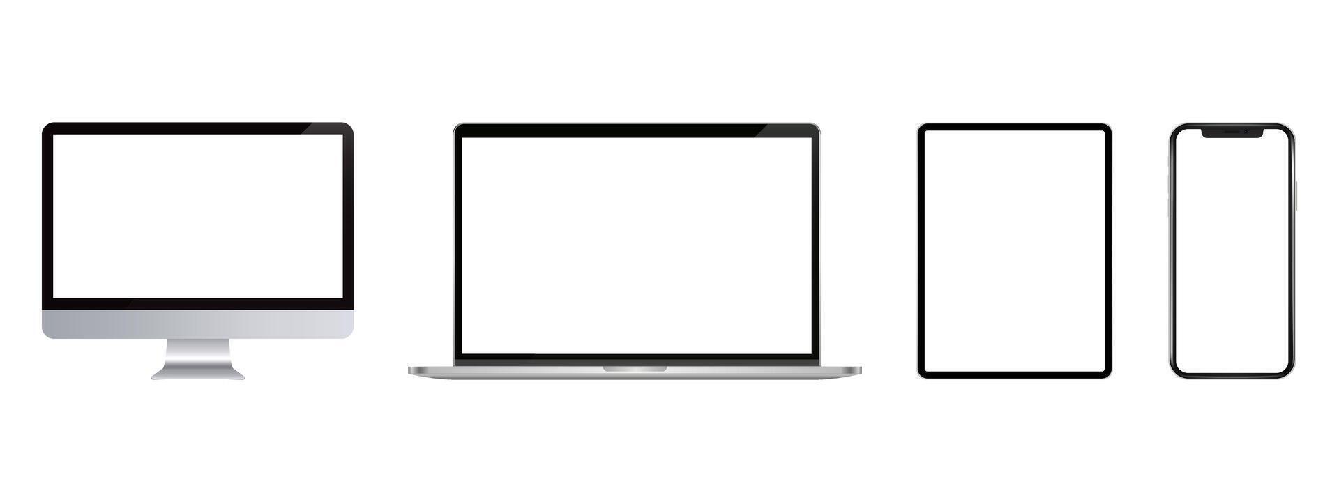 Laptop Tablet Phone.Set of devices.Computer,tablet and cellphone mockup. Digital equipment showing isolated screen. vector