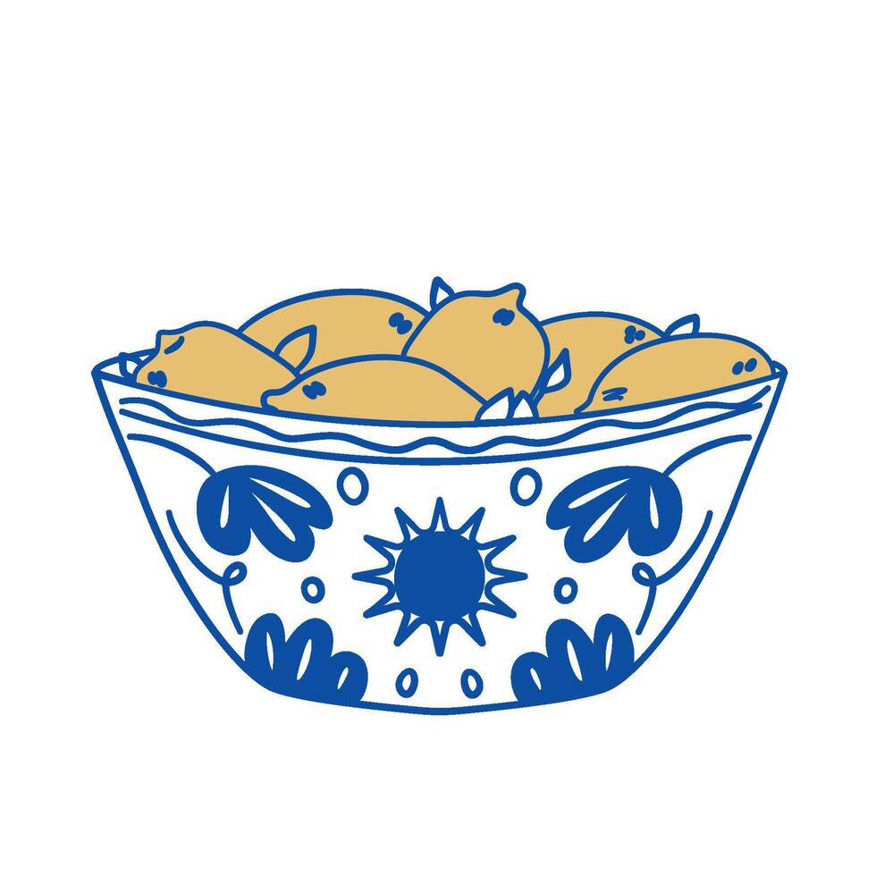 Yellow lemons in plate with blue ornament. vector