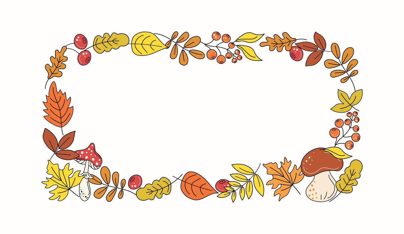 Autumn leaves, mushrooms and berries. Rectangular frame, banner, postcard. Fly agaric, doodle, bright color drawing, sketch. Natural botanical background. vector
