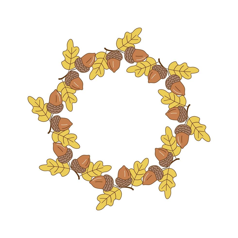 Round frame, oak leaf wreath. Banner autumn. Leaves, acorns, leaf fall. Hello autumn, doodles, drawings. Natural botanical background. vector