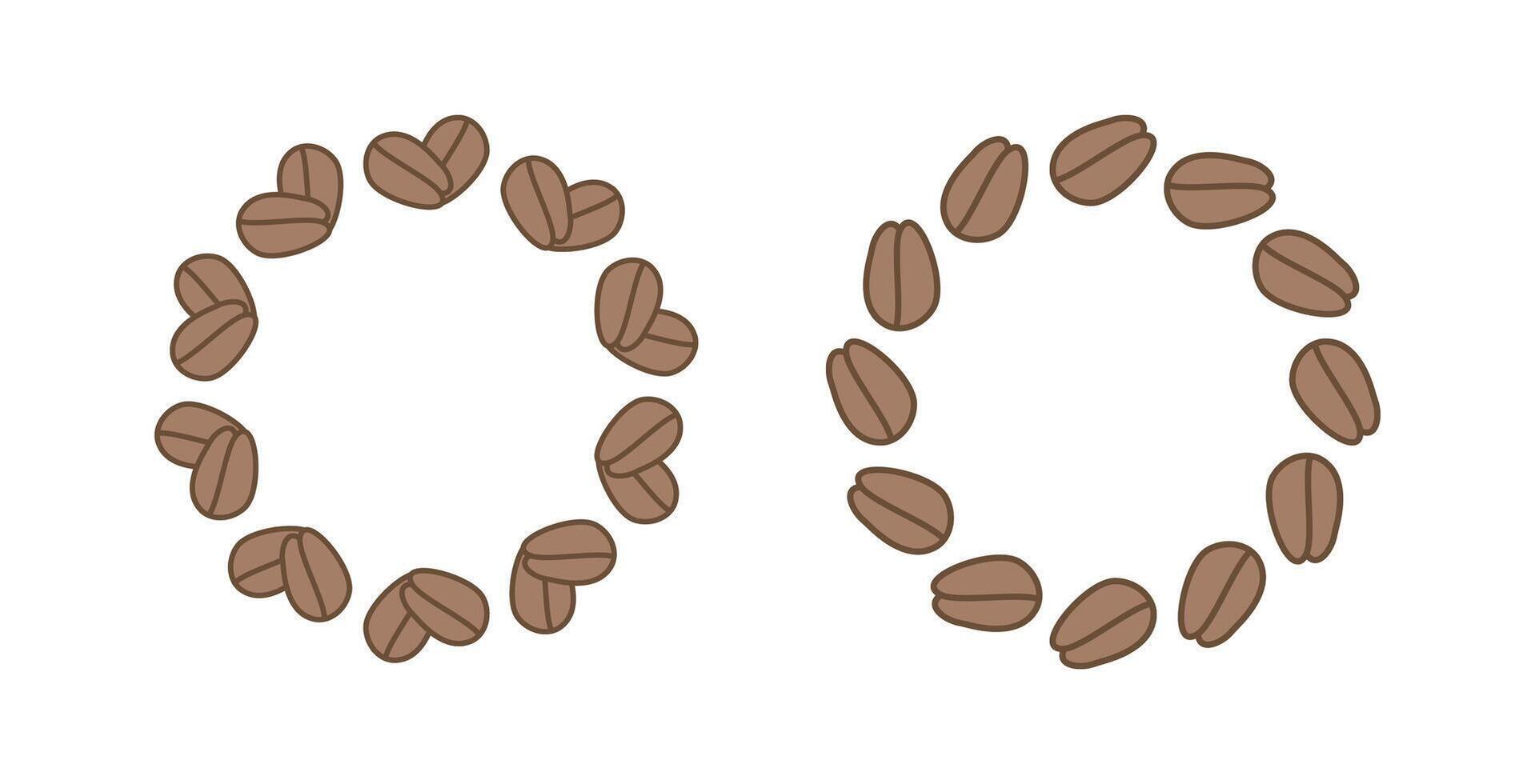 Round frame, banner. Coffee beans, heart shape, sign. International Coffee Day. graphics. Flat illustration on white isolated background. Background with place for text. vector