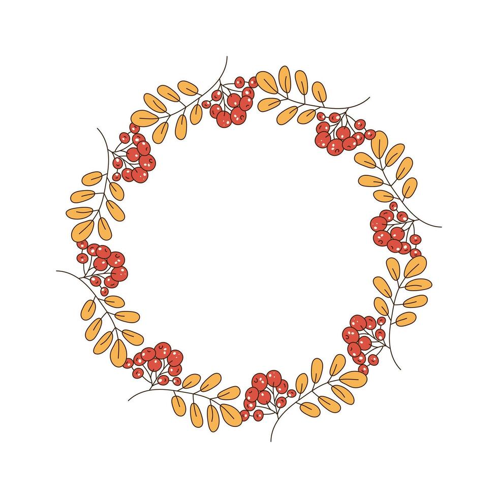 Round frame, wreath of rowan leaves and berries. Banner autumn, leaf fall, doodles, drawings. Natural botanical background, harvest festival. vector