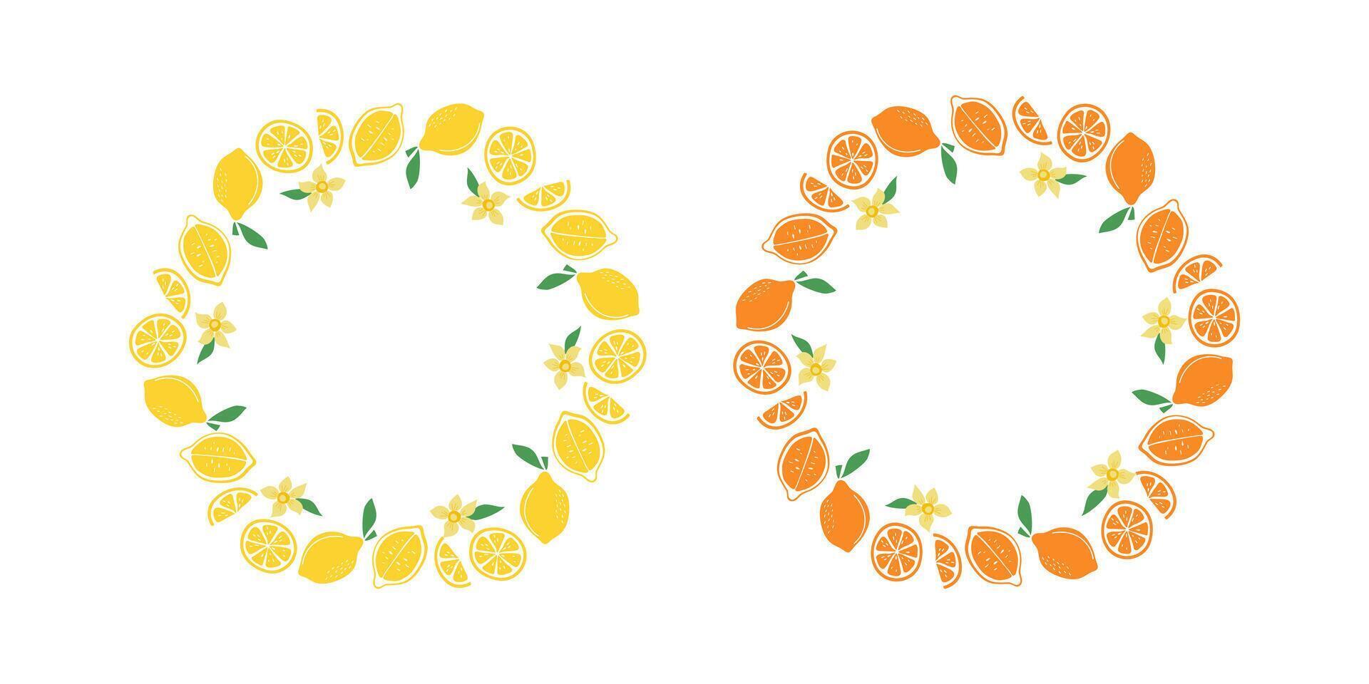Banner oranges, lemons, whole and halves of fruits, flowers, leaves. Natural food, citrus fruits. Summer, natural background. Round frame. Background with space for text. vector