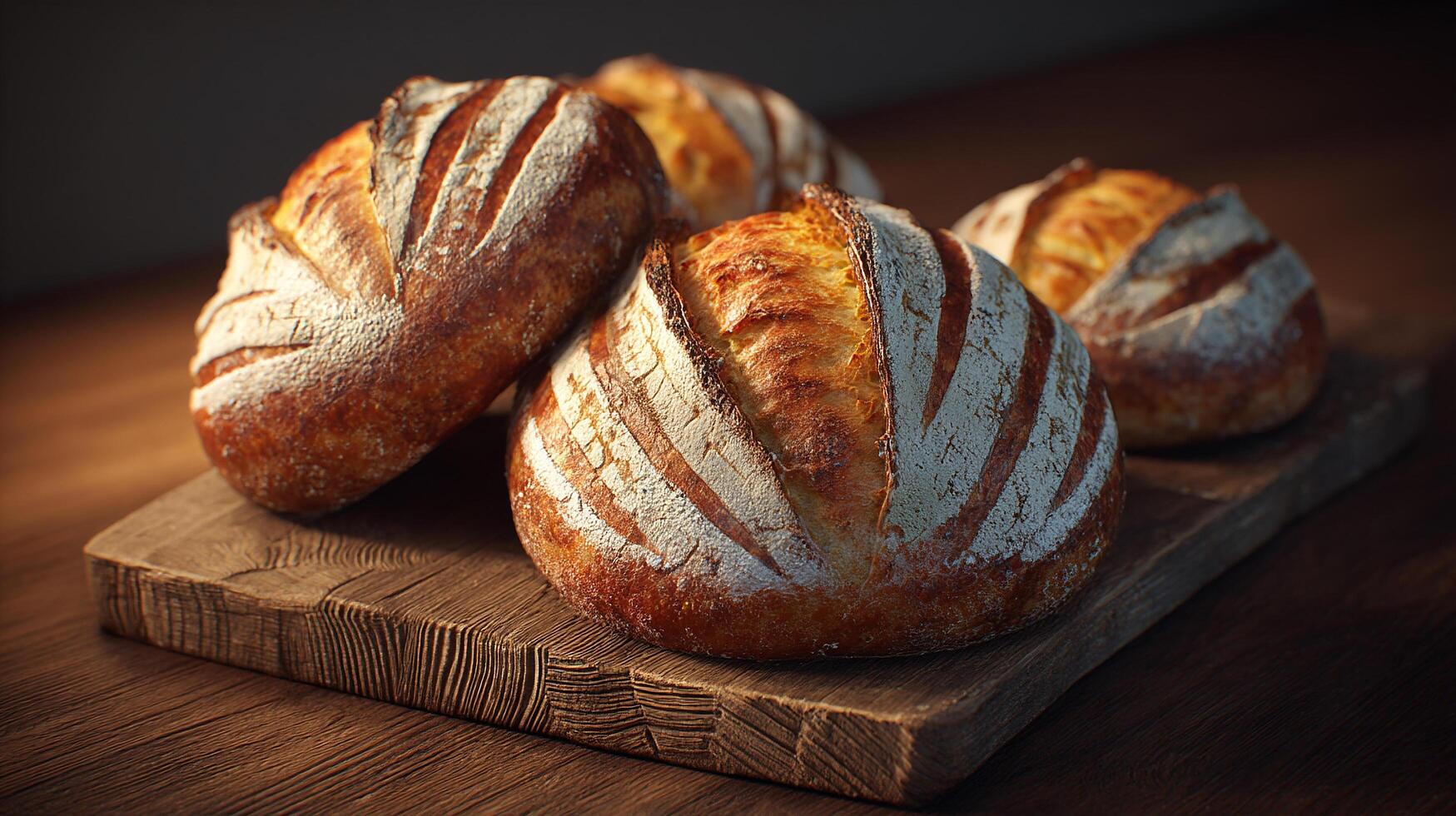 Bread loaf resting in light shadows on wooden tray bread photography photo
