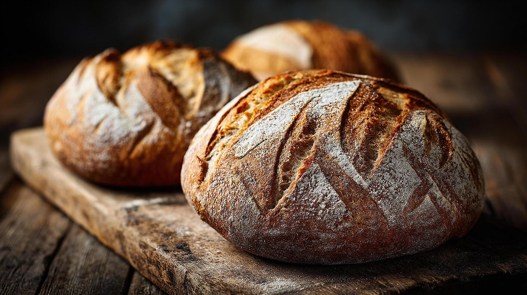 Golden artisan bread with flour accents on wooden table bread photography photo