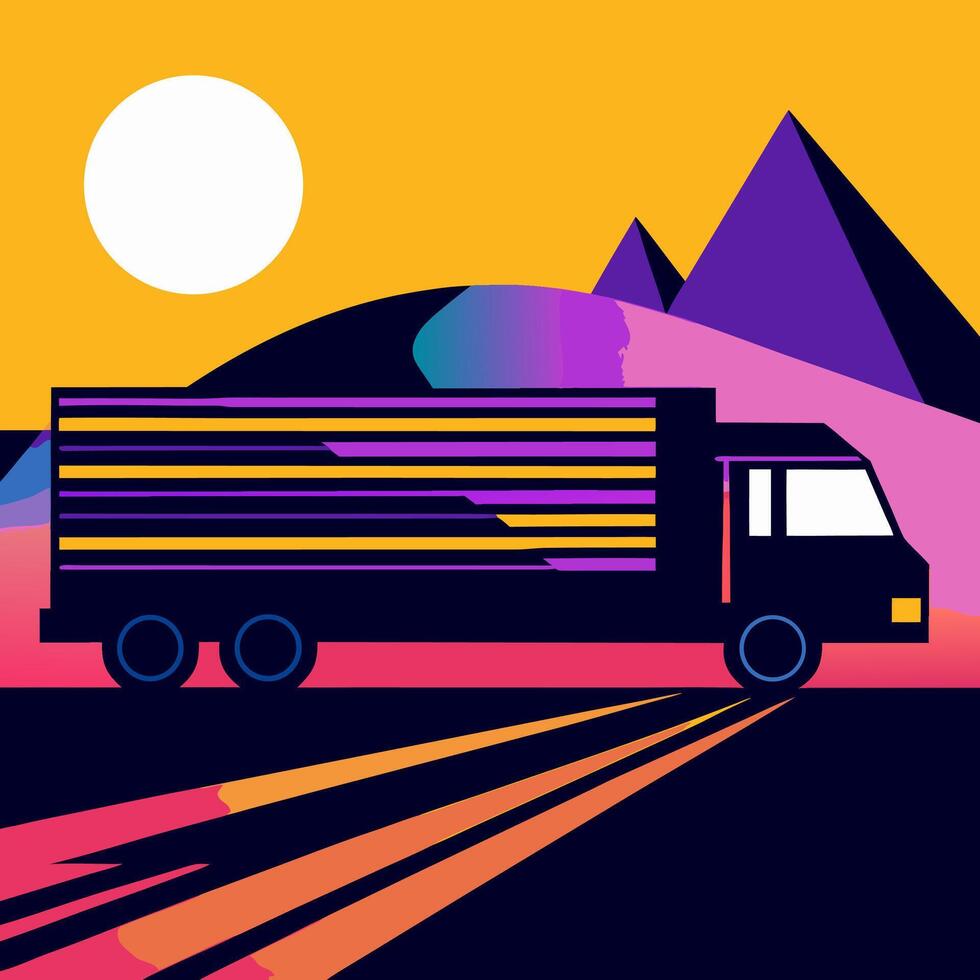 Retro Semi Truck Driving on Road, 80s Style vector