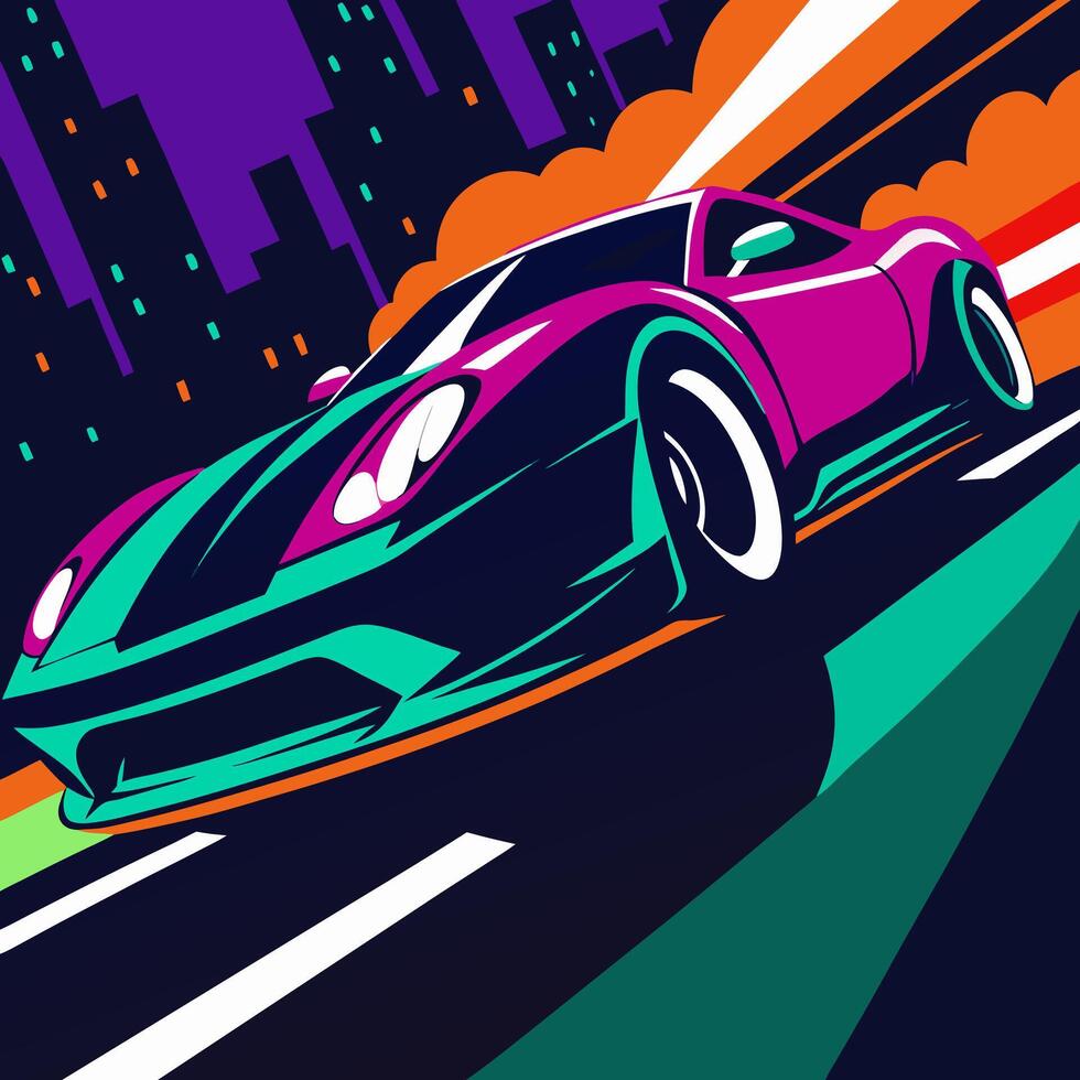 Fast Sports Car Speeding Through City at Night vector