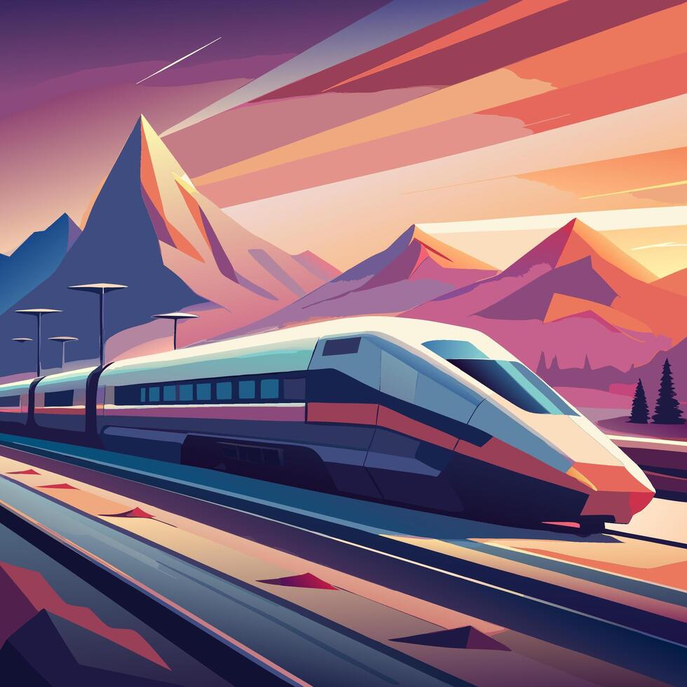 High Speed Train Through Mountain at Sunset vector