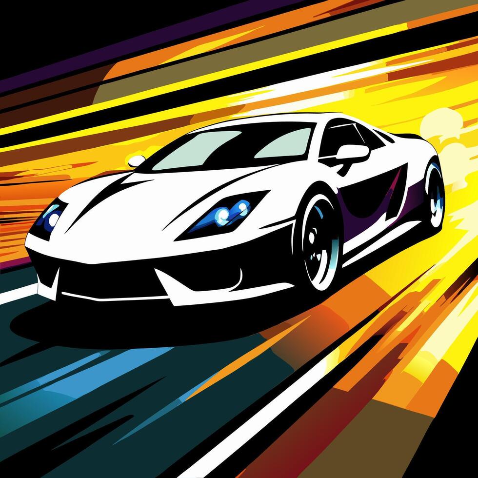 White Sports Car Speeding on Road, Abstract Art vector