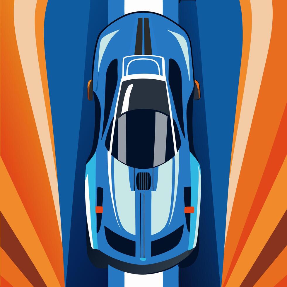 Blue Sports Car Top View, Racing Track Design vector