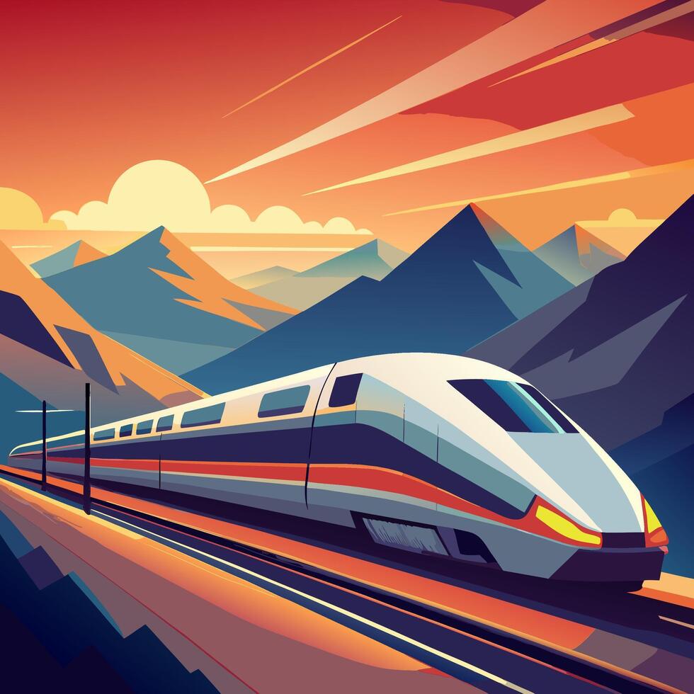 High Speed Train Mountain Landscape at Sunset vector