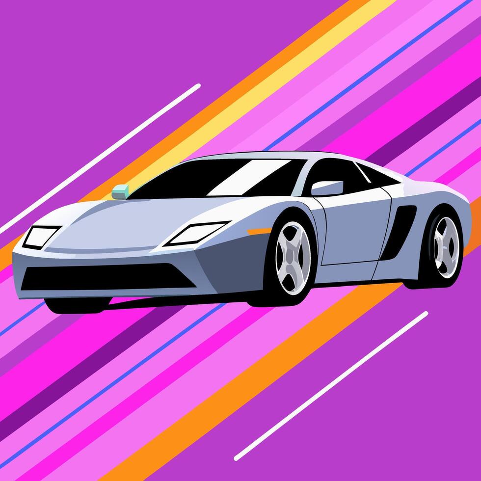 Silver Sports Car on Vibrant Diagonal Stripes Background vector