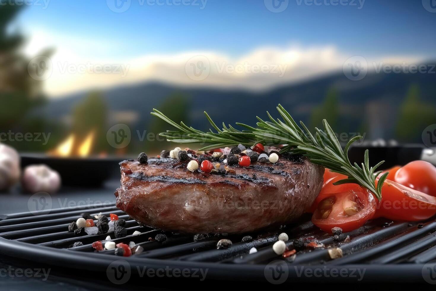 Grilled beef steak with tomatoes and herbs on a grill photo