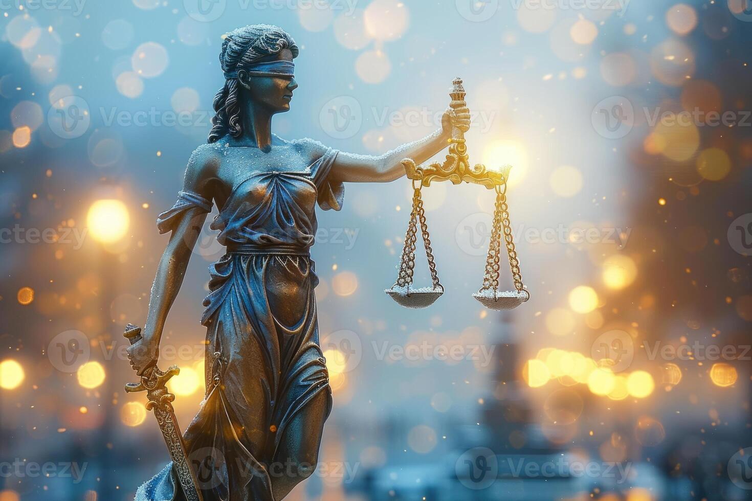 Statue of lady justice holding scales of justice and torch in the night photo