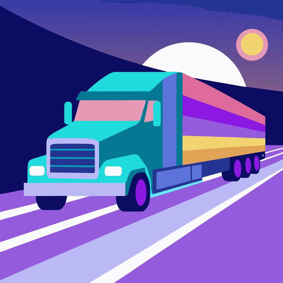 Retro Colorful Semi Truck Driving at Night vector