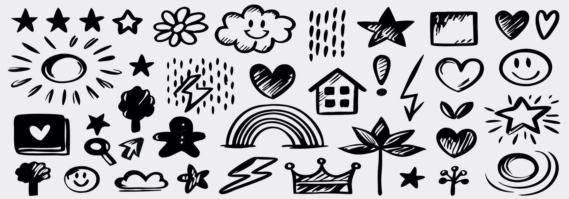 Hand drawn Doodle Set Cute Stars, Hearts, Rainbow, and More vector