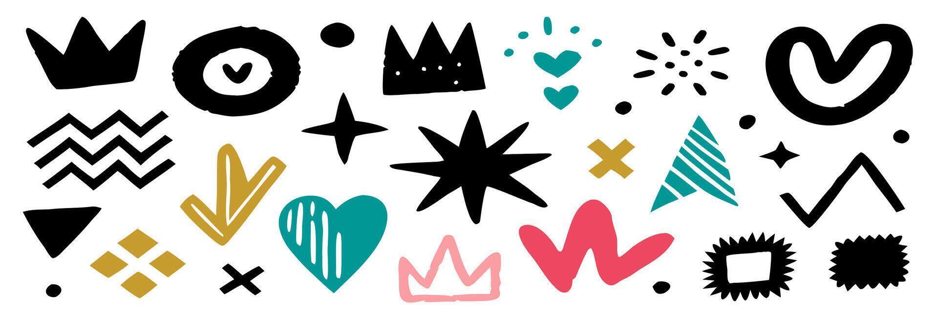 Hand drawn Doodle Set Crowns, Hearts, Stars, Geometric Shapes vector