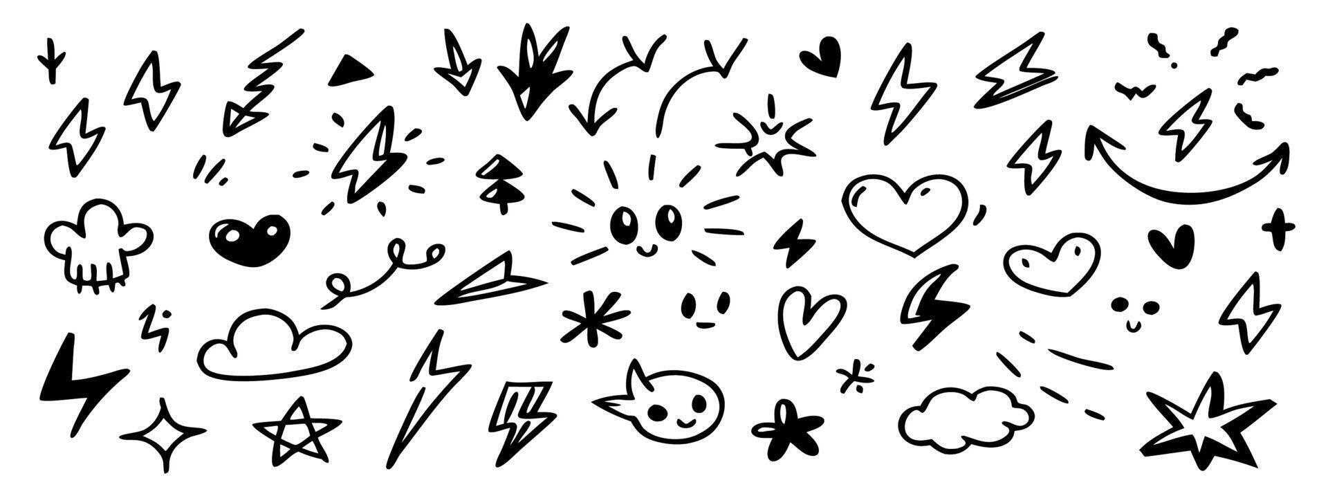 Hand Drawn Doodle Set Lightning Bolts, Hearts, Stars and More vector