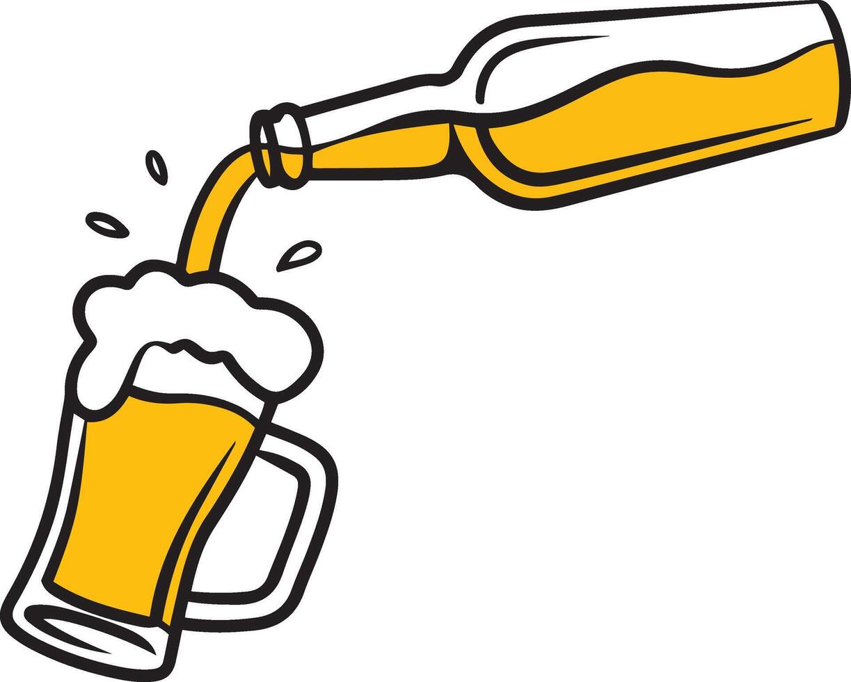 Hand drawn line flat cartoon beer bottle pouring into a glass vector