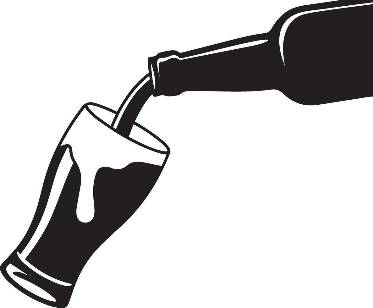 A simple, black and white illustration of a beer bottle pouring into a beer glass. vector