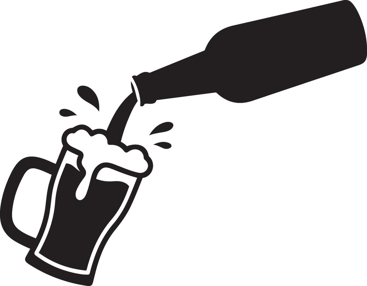 A simple, black and white silhouette of a beer bottle pouring into a beer glass. vector