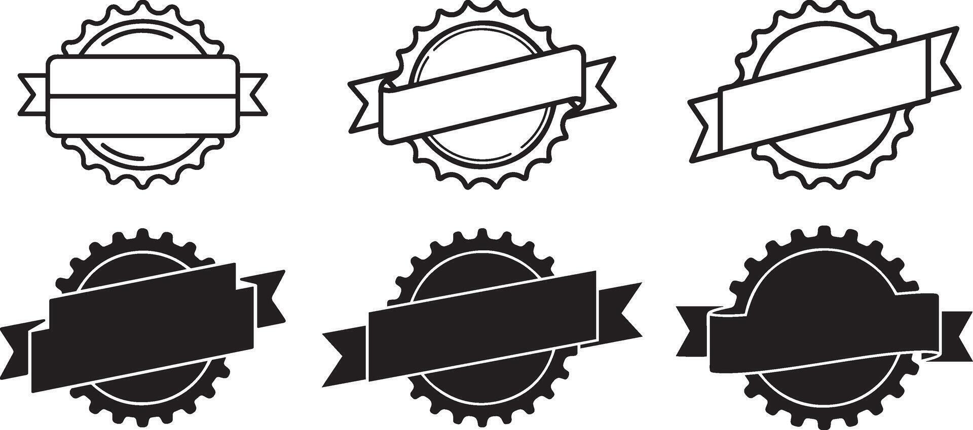 Set of vintage award ribbons and badges black and white silhouette and line art illustration vector