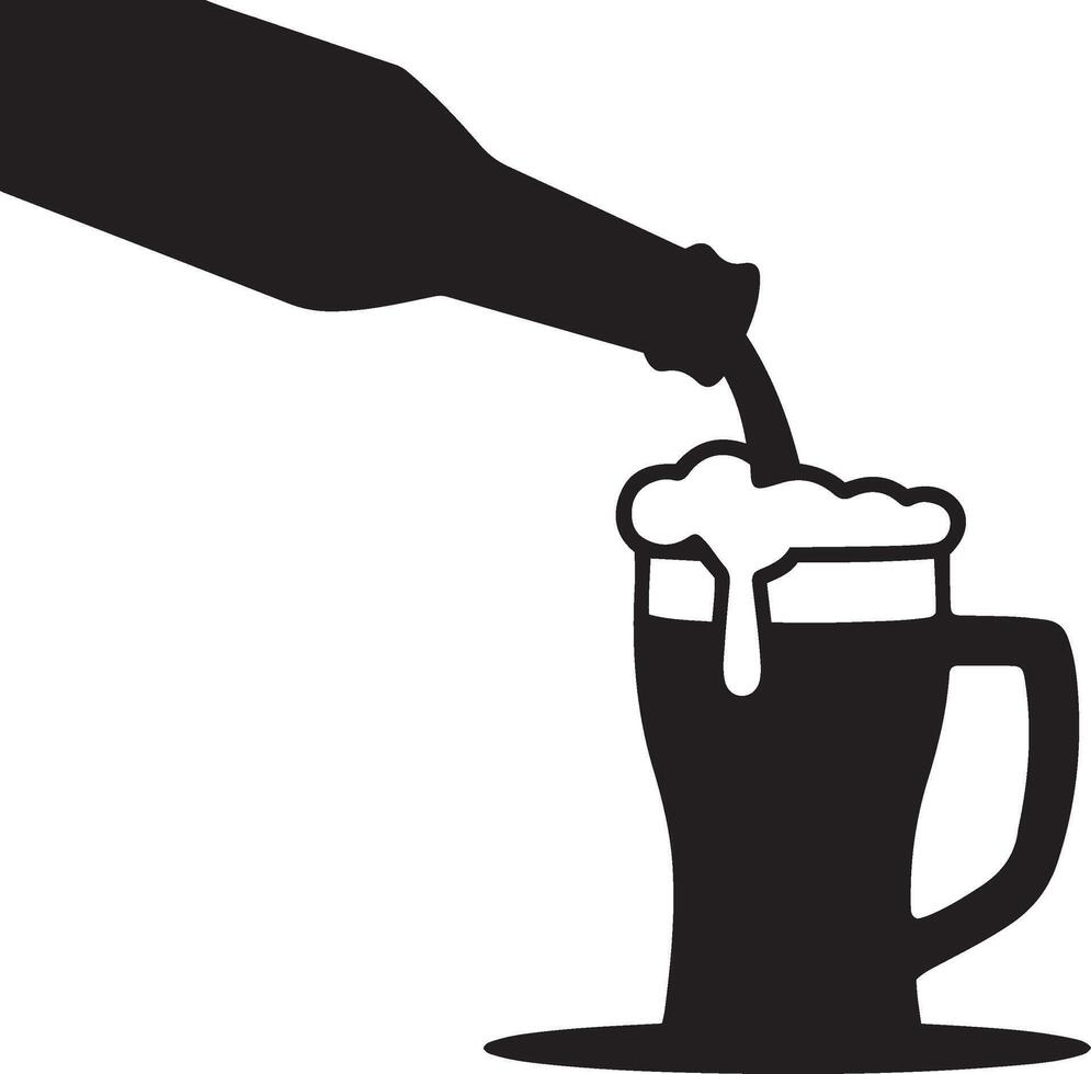 Black silhouette of a beer bottle pouring into a frothy mug vector